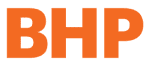 The image displays the BHP logo, which consists of the letters "BHP" in bold, orange uppercase font against a white background.